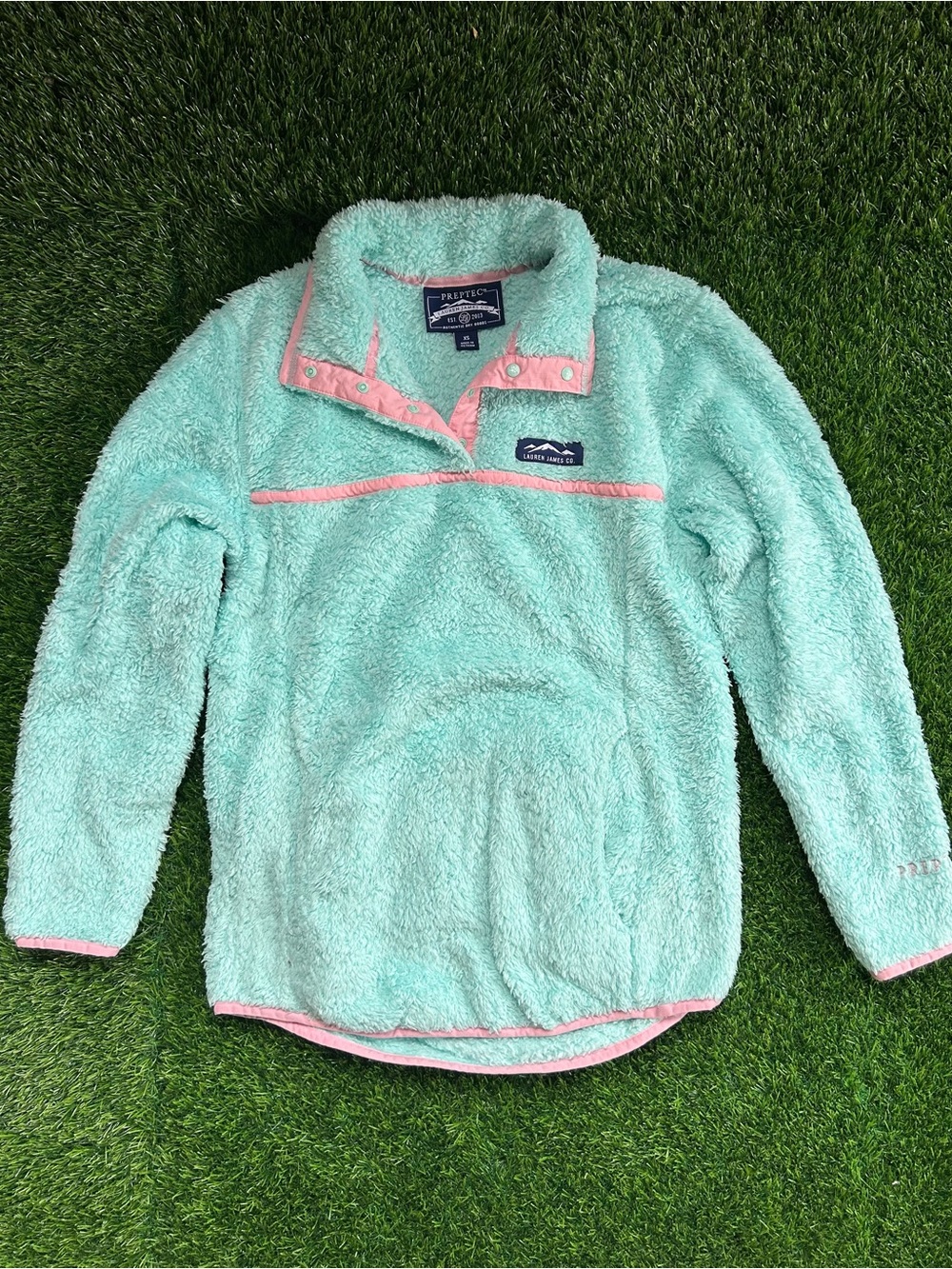Lauren James Mint Sherpa Pullover with Pink Trim